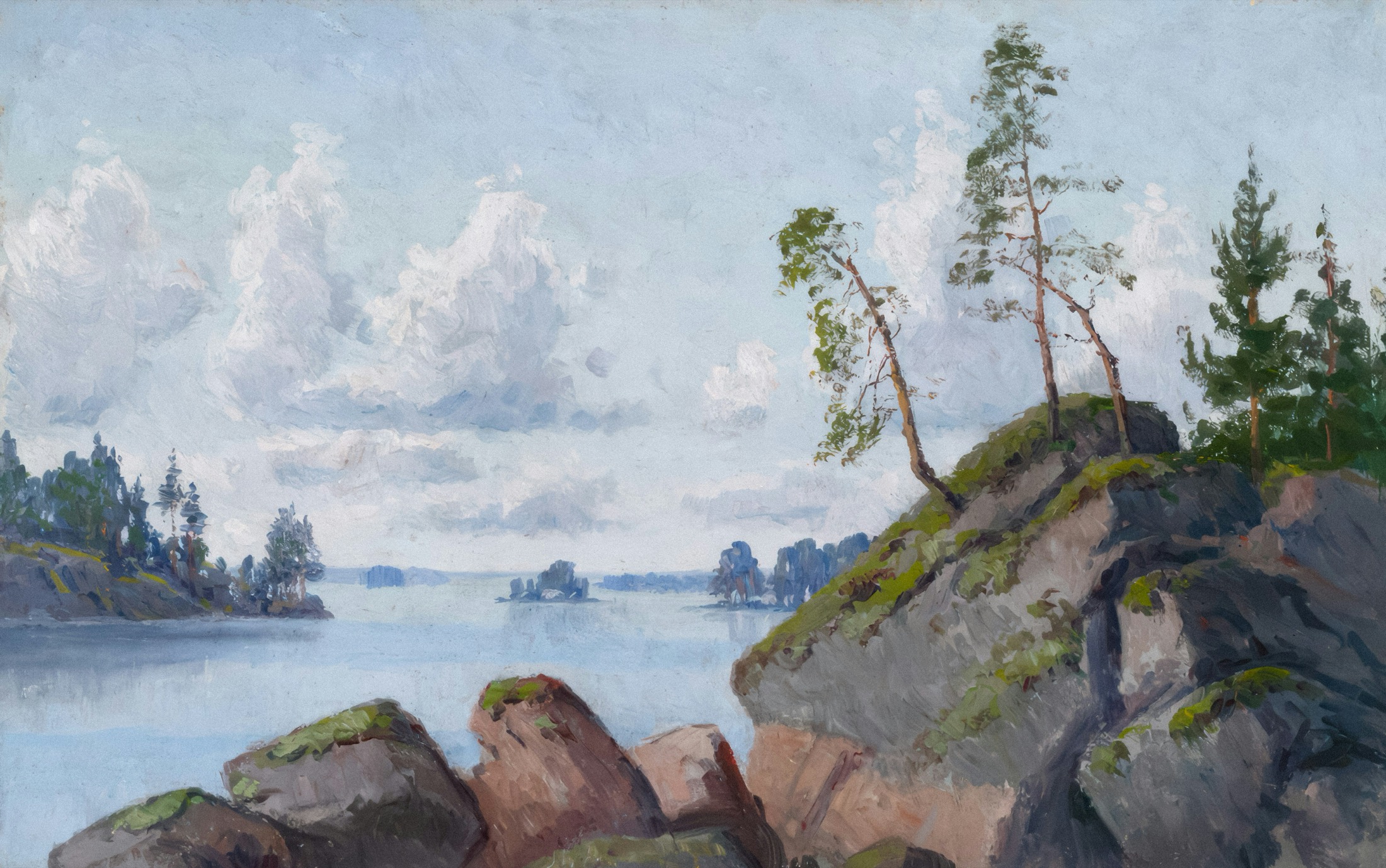 Oil painting of a lake shore with pines, Finnish school